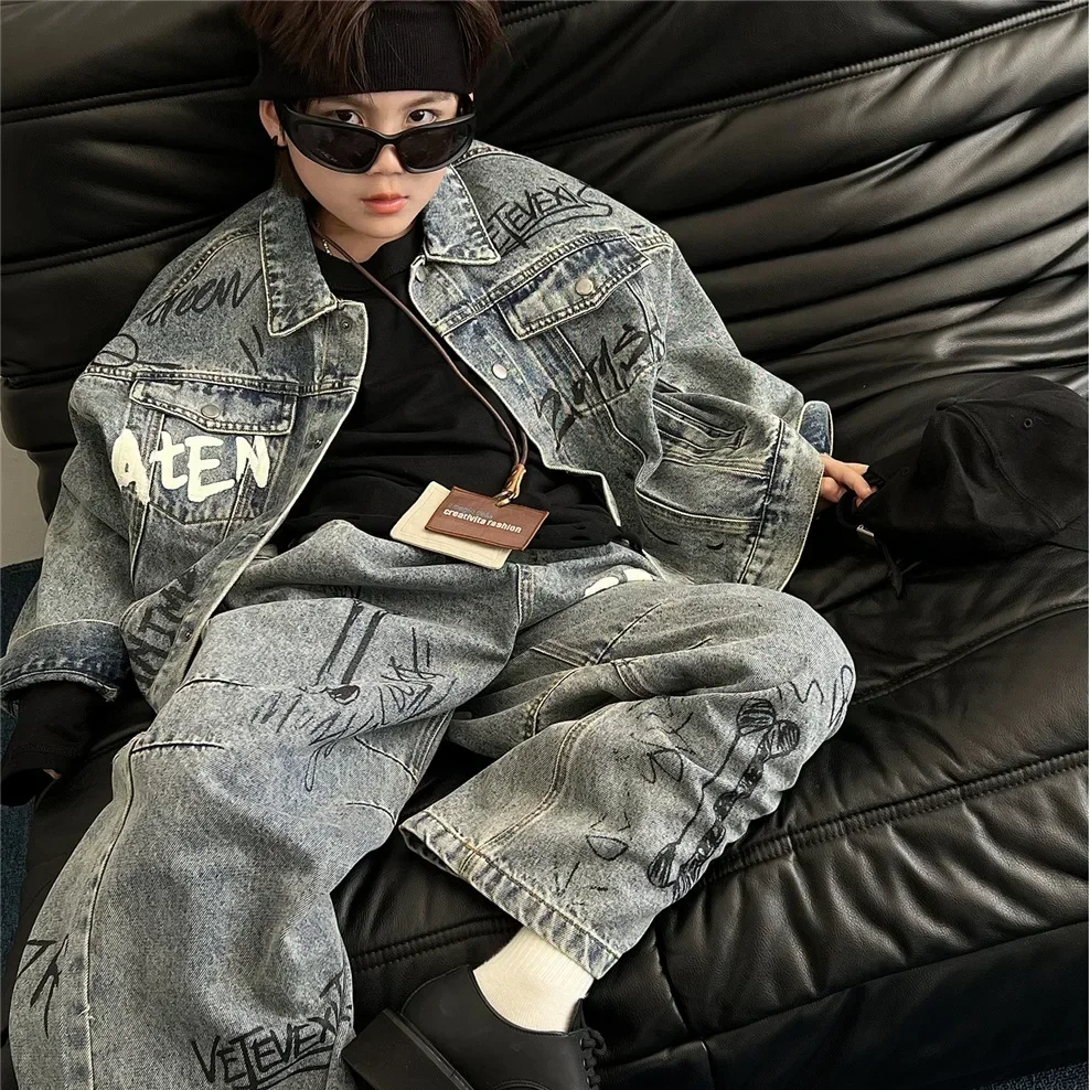 Children Clothing Denim Set Vintage Graffiti Loose 2024 Autumn New Fashionable Boys Handsome Cool Denim Two Piece Set