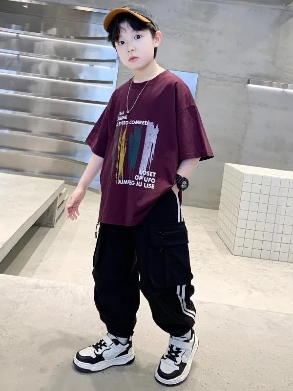 

Boys Summer Outfit Set Short Sleeve Long Pants Casual Two-Piece Suit for Middle And Large Children Comfortable Breathable Clo...