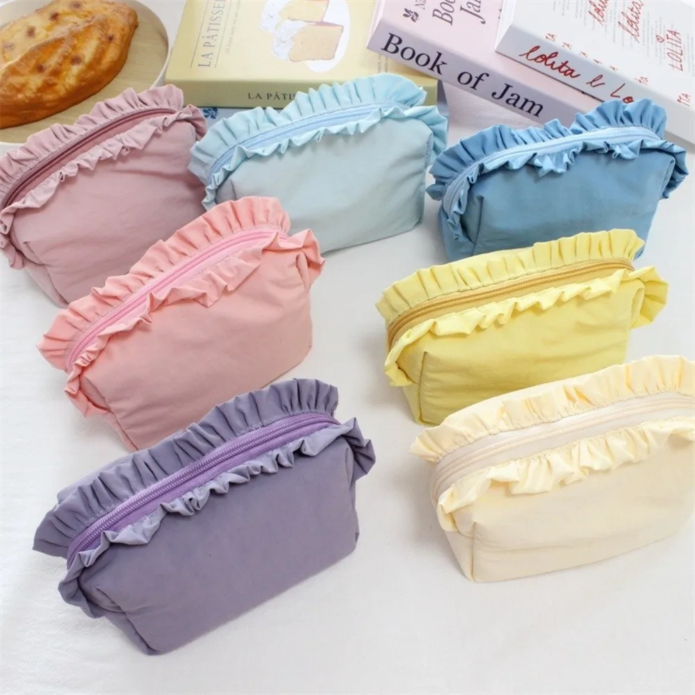 Creative Solid Color Ruffle Makeup Bag Nylon with Zipper Wash Storage Bag Large Capacity Korean Style Cosmetic Cases Outdoor