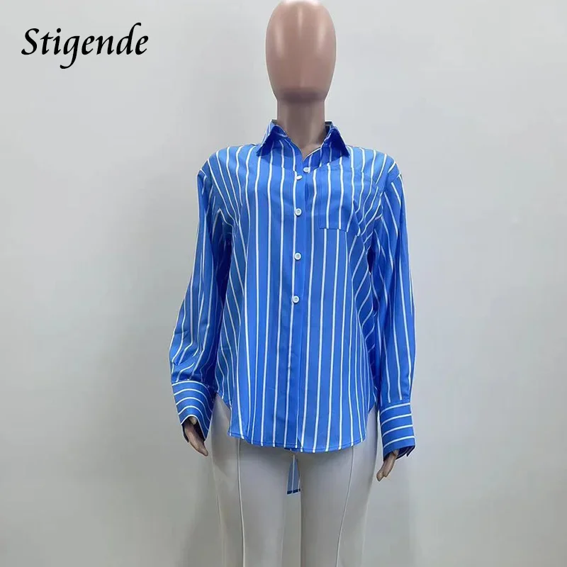 Stigende Blue Striped Button Shirts Women Long Sleeve Loose High and Low Office Shirt