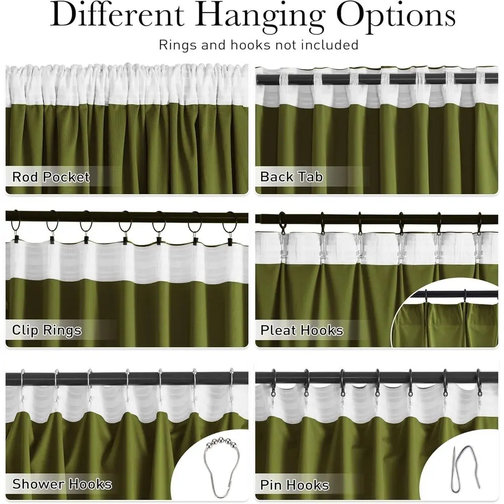 ستائر بوليستر خضراء زيتونية معزولة حراريًا، W52xL84، مجموعة مكونة من لوحتين لغرفة النوم وغرفة المعيشة