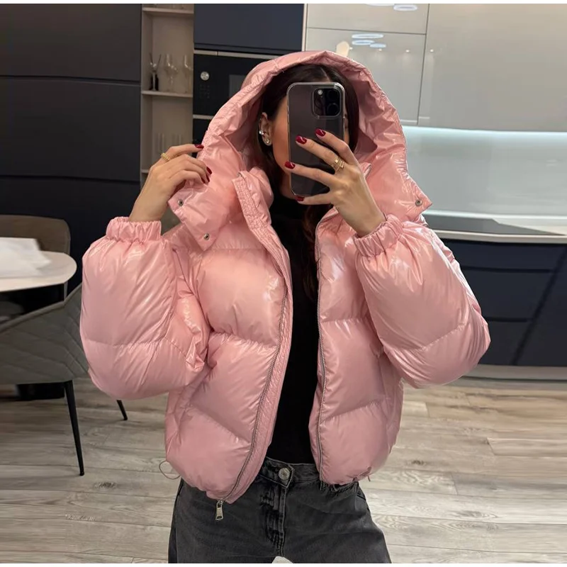 Glossy Cropped Hooded Puffer Coat Drawstring Hem Zip-Up 2026 Winter Women Warm Padded Jacket Warm Causal Lady Cotton‑Padded Coat