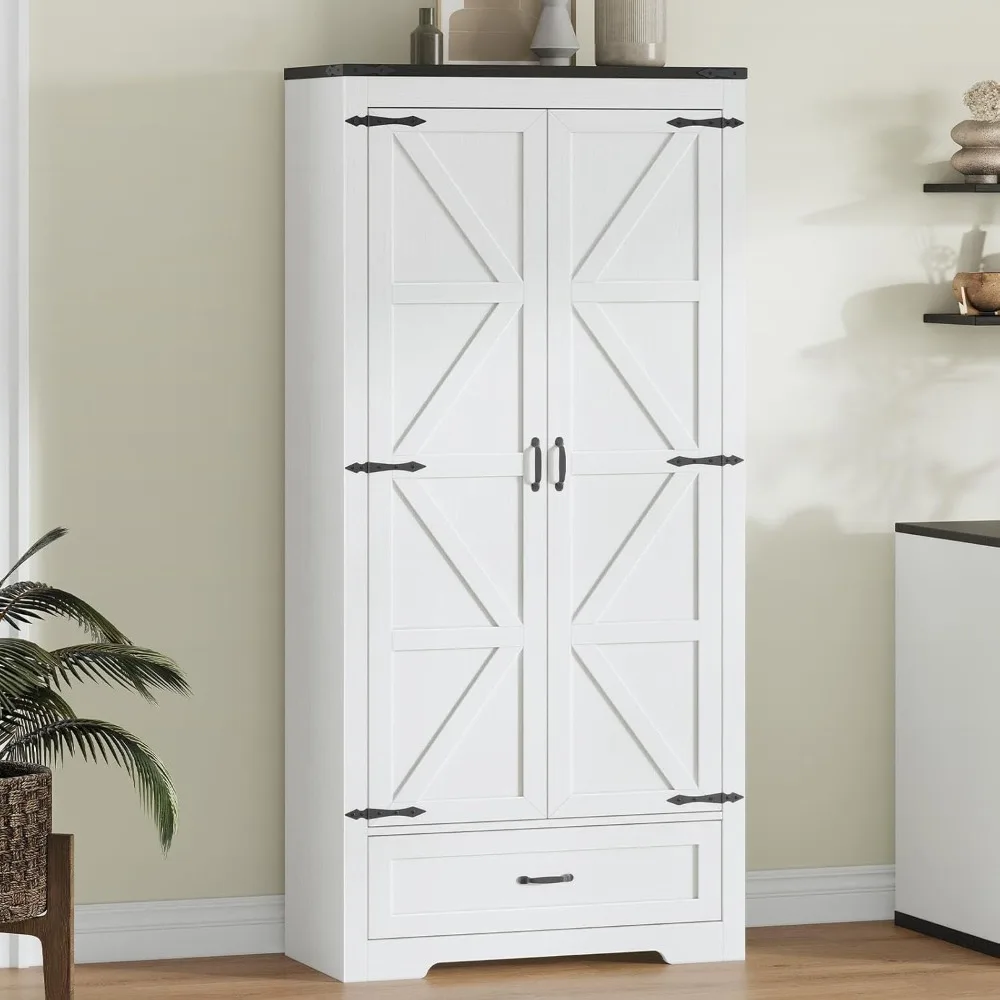 

71 Kitchen Pantry Storage Cabinet, Farmhouse Tall Storage Cabinet with 2 Barn Doors & Drawer, Line Cabinets, Wood Versatile Cabi