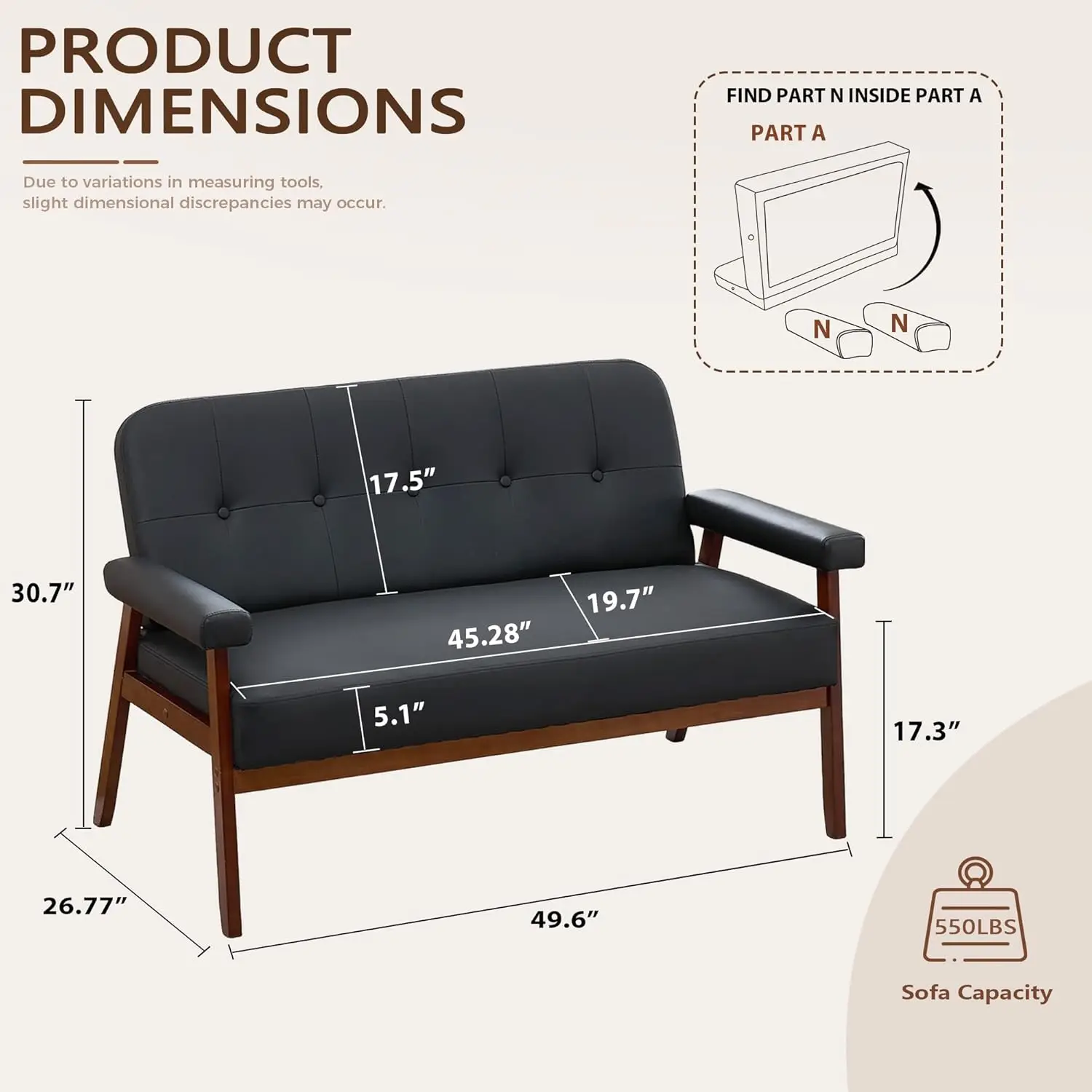 أريكة جلدية بمقعد الحب، أريكة بمقعدين صغير حديث لمنتصف القرن مع أذرع خشبية، أريكة بمقعدين للمساحات الصغيرة، Livi #2
