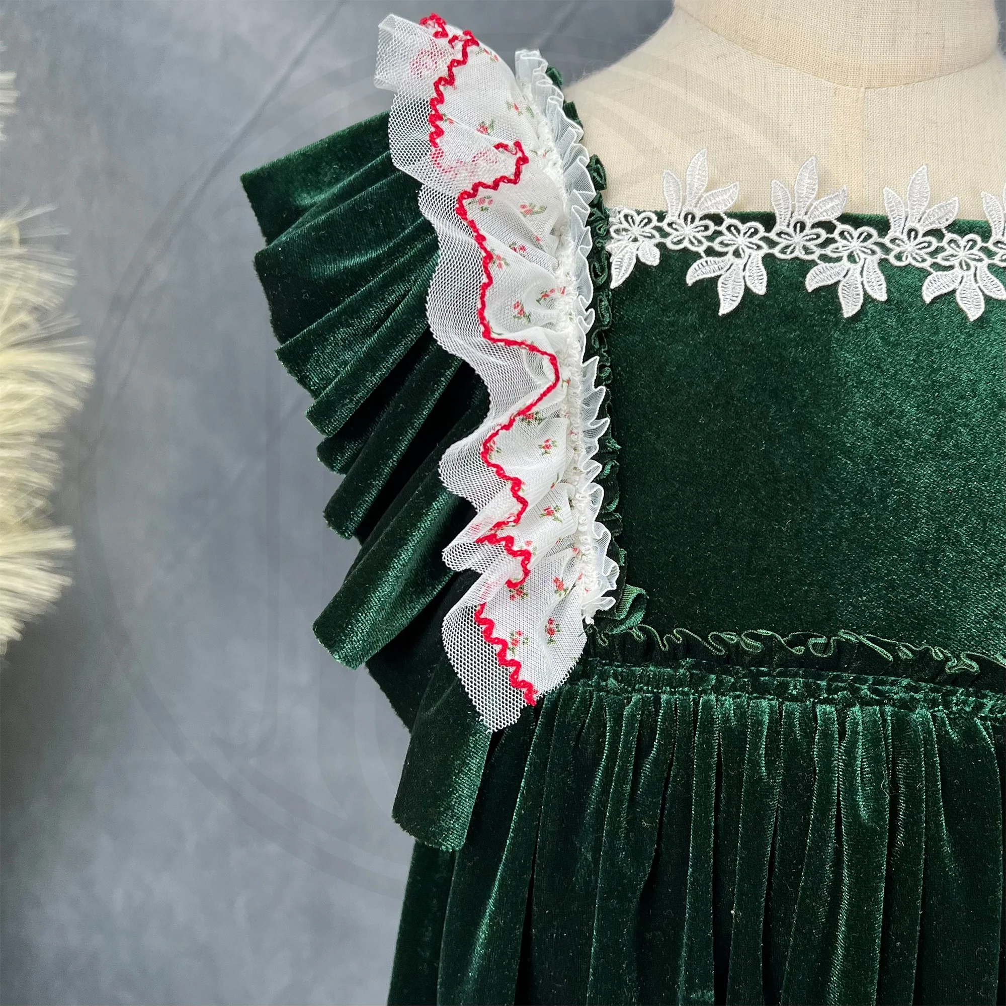 Don & Judy-Vestido de Princesa Boho com Plissado, Veludo Vermelho e Verde, Vestido de Menina, Photo Shoot Props, Children Birthday Party Costume,