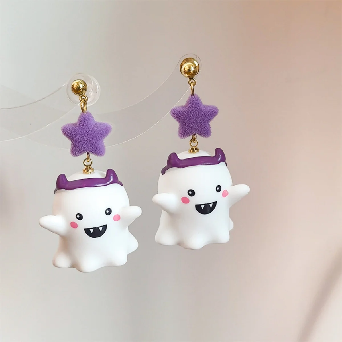 Cartoon Purple Flocked Star Cute Wear Witch Hat 3D Ghost Drop Earrings Funny White Ghost Earring Halloween Jewelry For Women Men