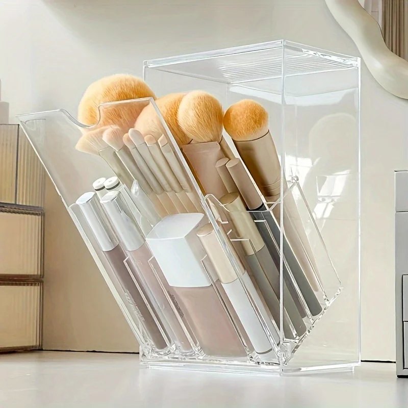 Porte-brosse de maquillage de grande capacité avec couvercle, rouge à lèvres acrylique fendu, fard à paupières, porte-brosse à sourcils, boîte de rangement pour fond de teint