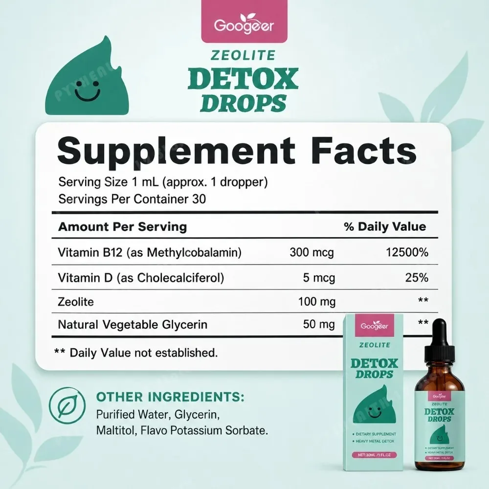 Googeer Zeolite Detox Drops 30ml Heavy Metal Support Vitamin B12 D3 Daily Cleanse Formula Non-GMO Soy-Free Dietary Supplement
