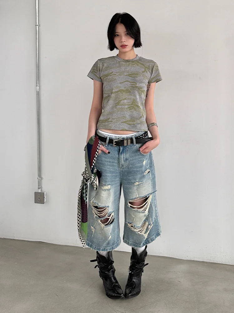 

Retro American Large Size Women's Denim orts High Waist Straight Leg Worn Waed Hole Lazy Sle Seven-Foot Jeans