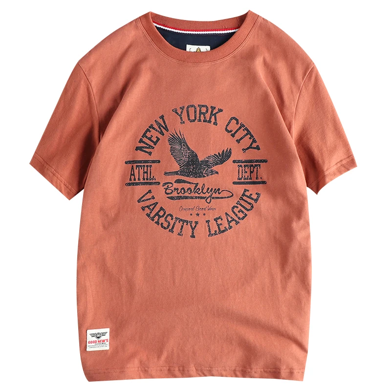 Summer New American Retro Short-sleeved O-neck Eagle Letter Printed T-shirt Men\'s Fashion 100% Cotton Washed Casual Sport Tops
