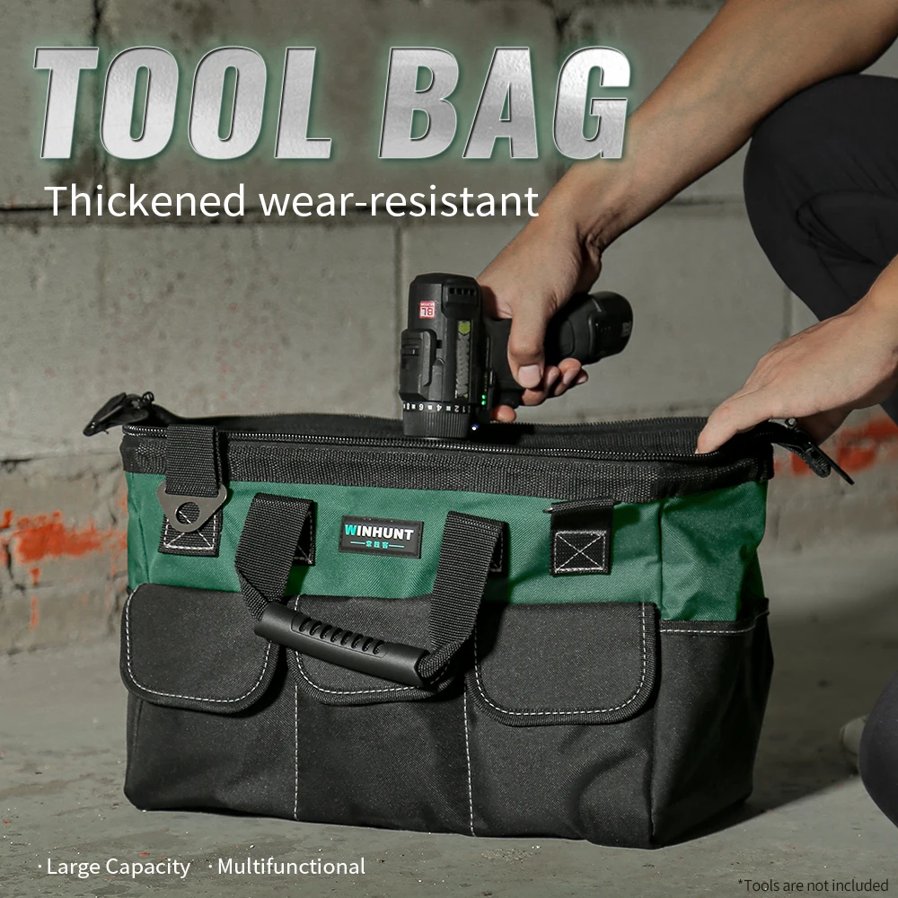 Heavy Duty Tool Bag 13/15-Inch with Adjustable Shoulder Strap, 14-Pocket Portable Empty Tool Box Organizer, Big Storage Toolbox Organization, Soft Handle Large Zipper Carrying Toolbag, Father Day Gifts for Him Dad Men, Green