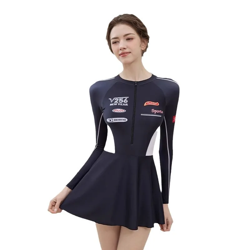 2024 New Women\'s Swimsuit Fashion Flesh-shading Thin Conservative Large Size Long-sleeved Sports Swimsuit