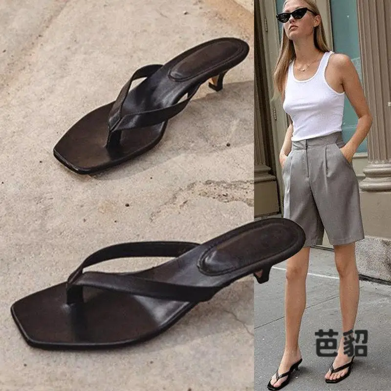 Hong Kong 2026 New Women's High Heel Sandals Flip Flops  Heel Beach Summer Thin Heel Slip-On Shoes Korean Style Ultra Leather