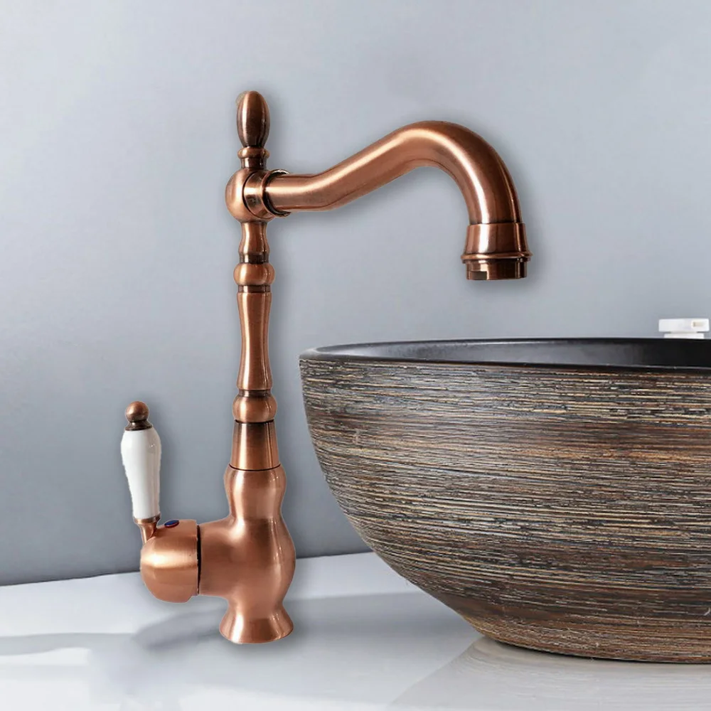 

Swivel Spout Water Tap Antique Red Copper Single Handle Single Hole Kitchen Sink & Bathroom Faucet Basin Mixer Tap anf422