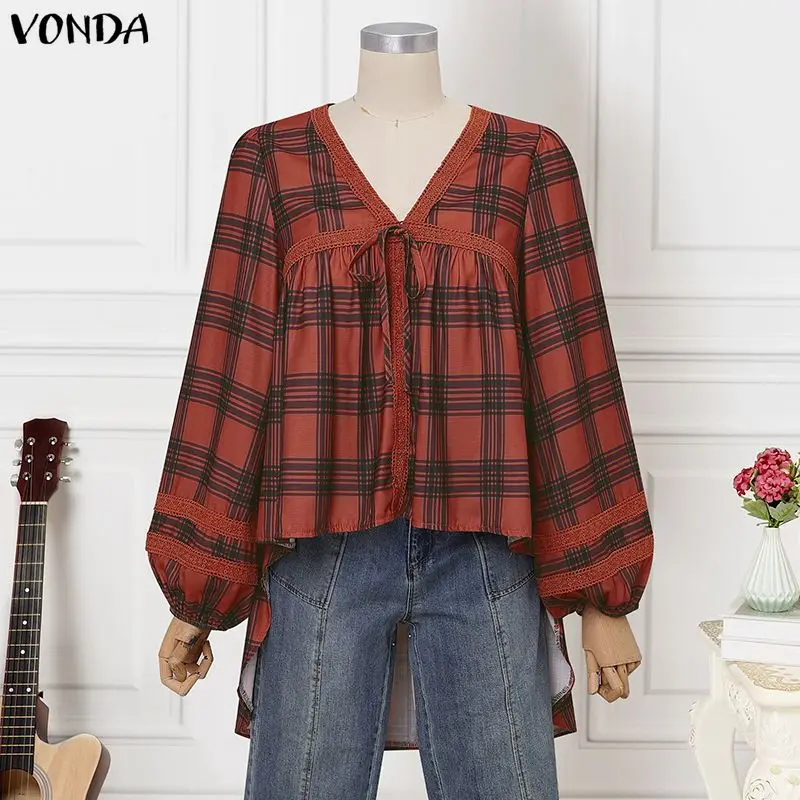 Autumn VONDA Women Blouse Fashion Plaid V Neck Lace Patchwork Tops Lantern Long Sleeve Blusas Asymmetric Tee Streetwear Tunic