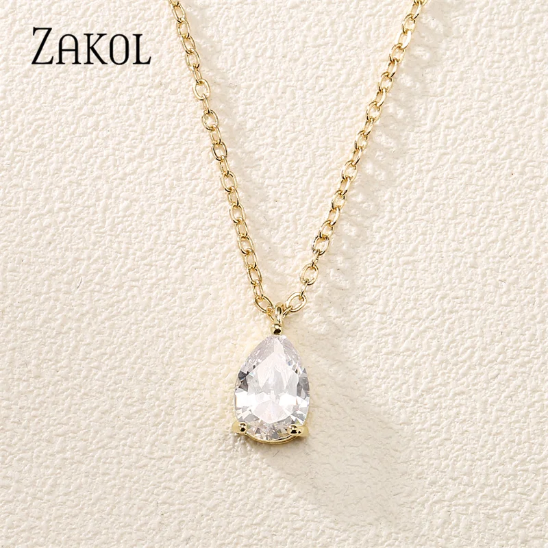 ZAKOL Classic Sparkling Water Drop CZ Pendant Chains Necklaces White Color Cubic Zirconia Wedding Jewelry for Women NP5089