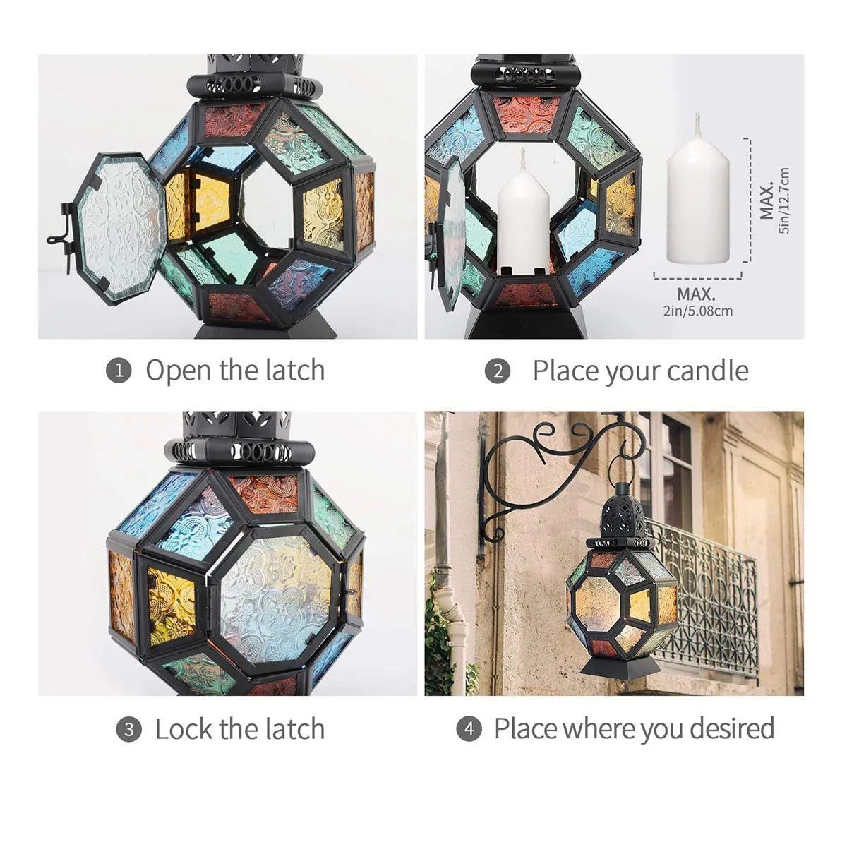 (CNIM) Retro Iron Candle Lantern,Portable Moroccan Stained Glass Candle Holder Hanging Lamp Horse Light Wind Lantern,Home Decor