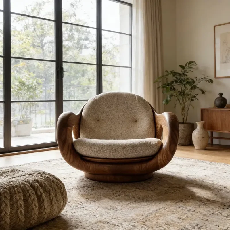 Mid Century Style Solid Wood Curved Leisure Chair Rotatable Base Custom Fabric Color Living Room Showroom Single Sofa Chair