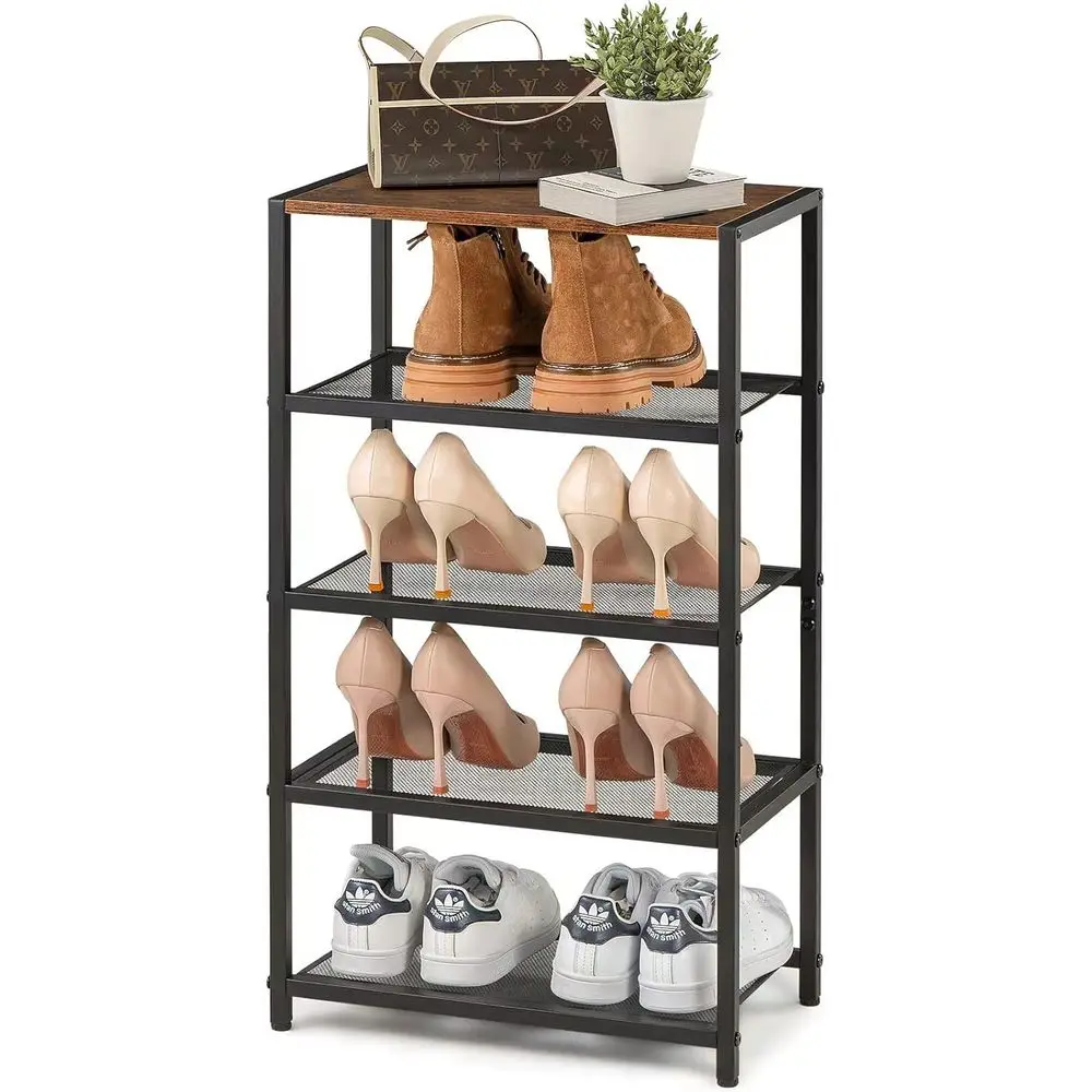 

Narrow Shoe Rack or ront Door Entrance, Entryway, and Closet Shoe Organizer with 4 Sturdy Metal Mesh Shelves and Wooden Top, Hol