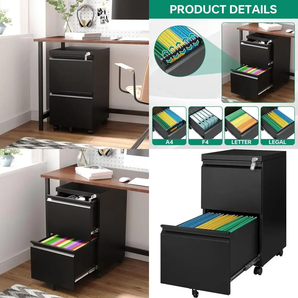 

Black Lockable 2-Drawer Rolling File Cabinet for Home Office, Suitable for Letters, Legal, and A4 Documents - Assembly Required