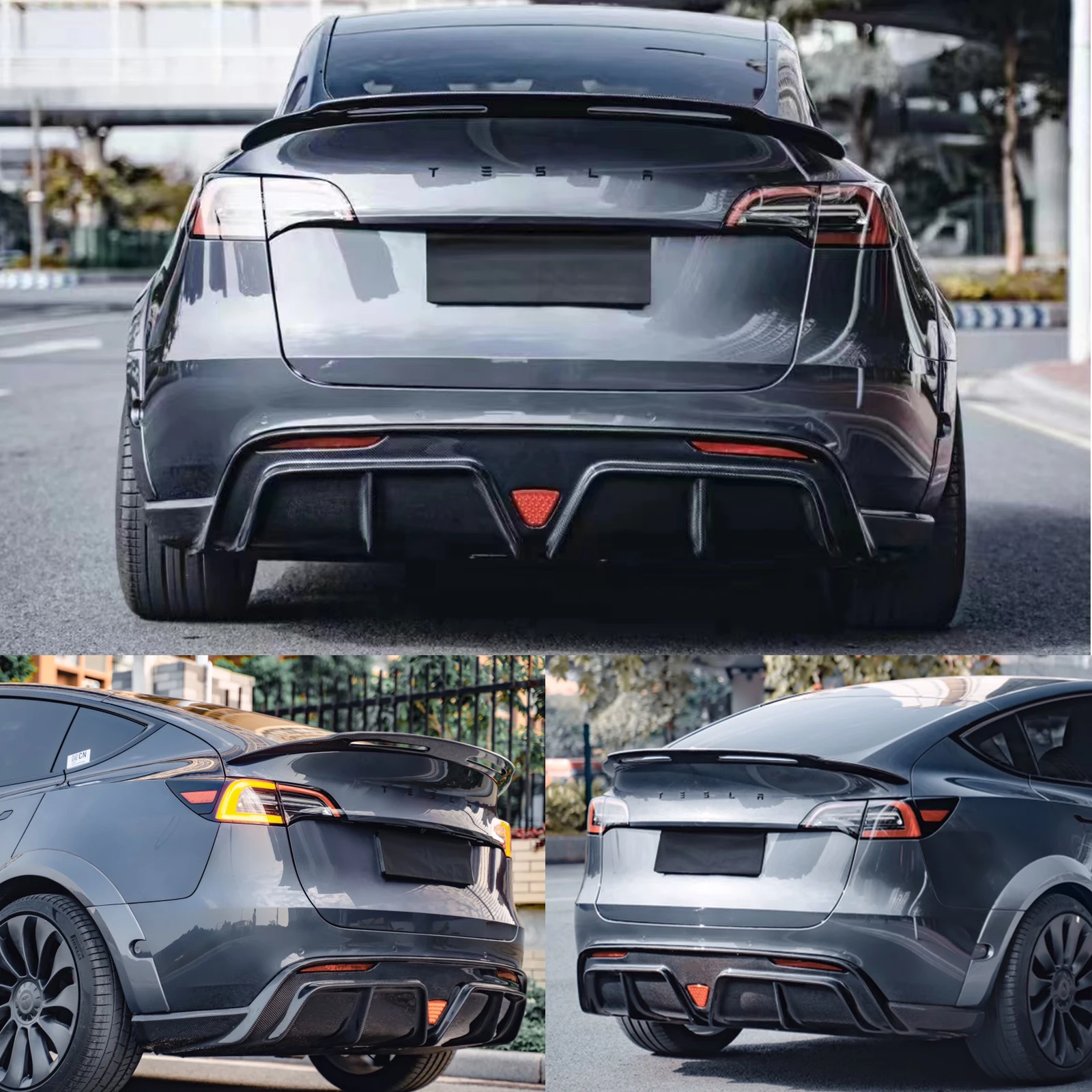 For 2023 21 22 Tesla Model Y Trunk Lid Carbon Fiber Sports Spoiler Wing Car Tailgate Body Kit Punch Free Installation Accessorie