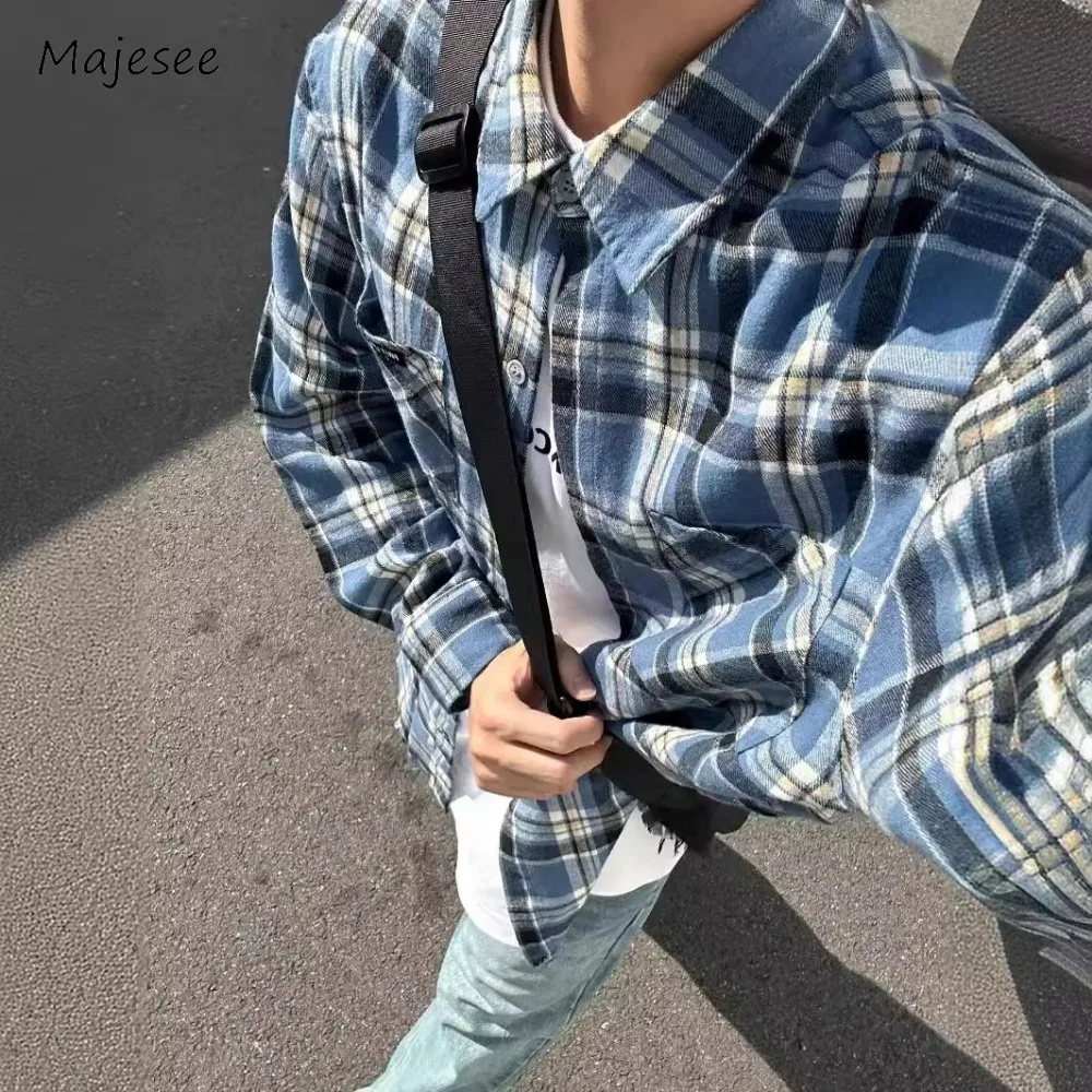 

Plaid Men Shirts Long Sleeve Classical Single Breasted Loose Korean Style Daily Outwear Hipster Vintage Leisure Spring Shopper