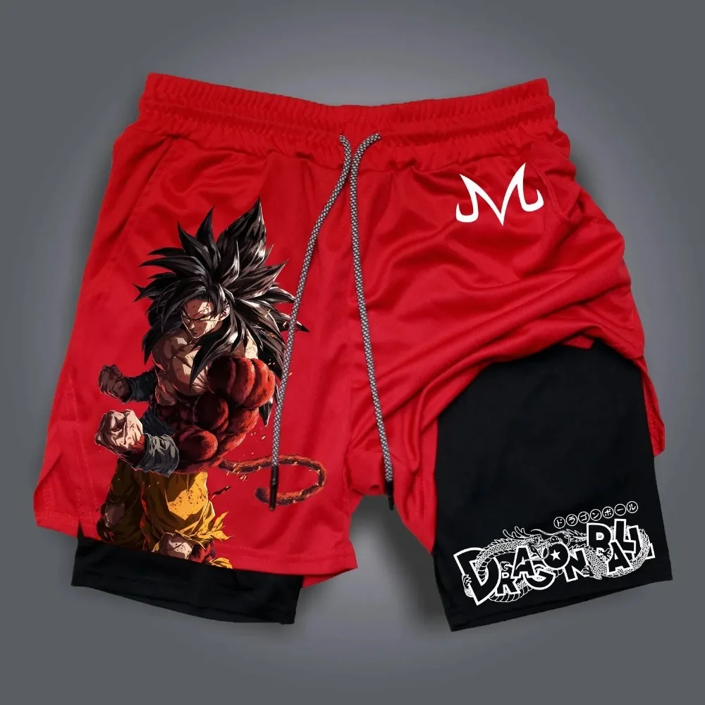 Dragon Ball Anime Doppellagige Shorts für Männer und Frauen im Sommer, Fitnessstudio, Laufen, atmungsaktiv, schweißabsorbierend, 2-in-1-Sportshorts