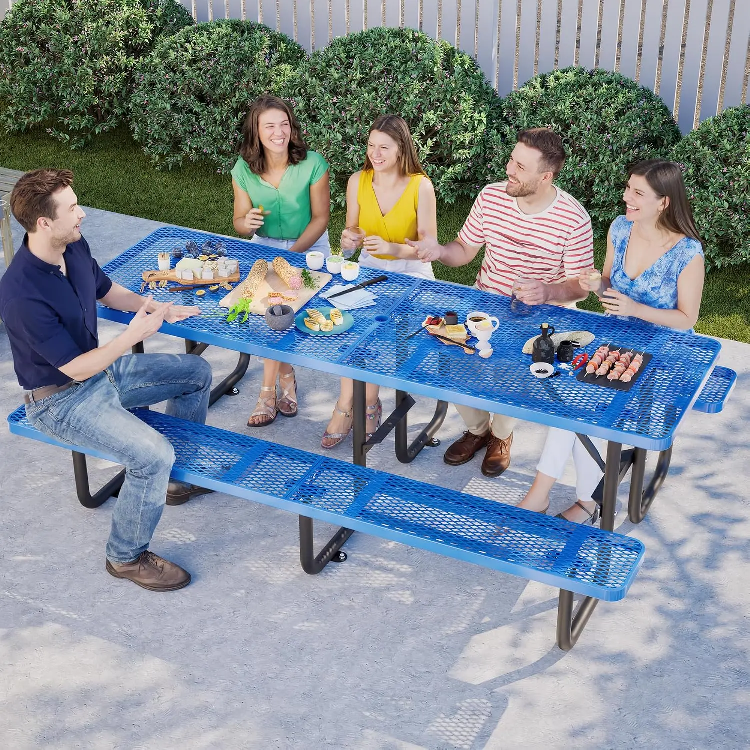 8 Ft Heavy Duty Metal Picnic Table with Umbrella Hole, Seats 10, Blue