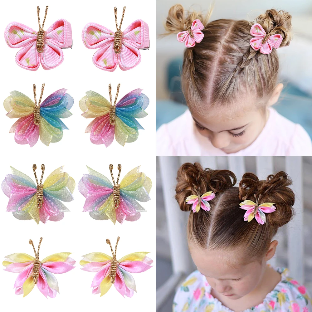 Pinzas para el pelo de mariposa para niña, horquillas de flocado gradiente con tocado de gasa dorada, accesorios para el cabello para niña, regalo, 2 unids/set