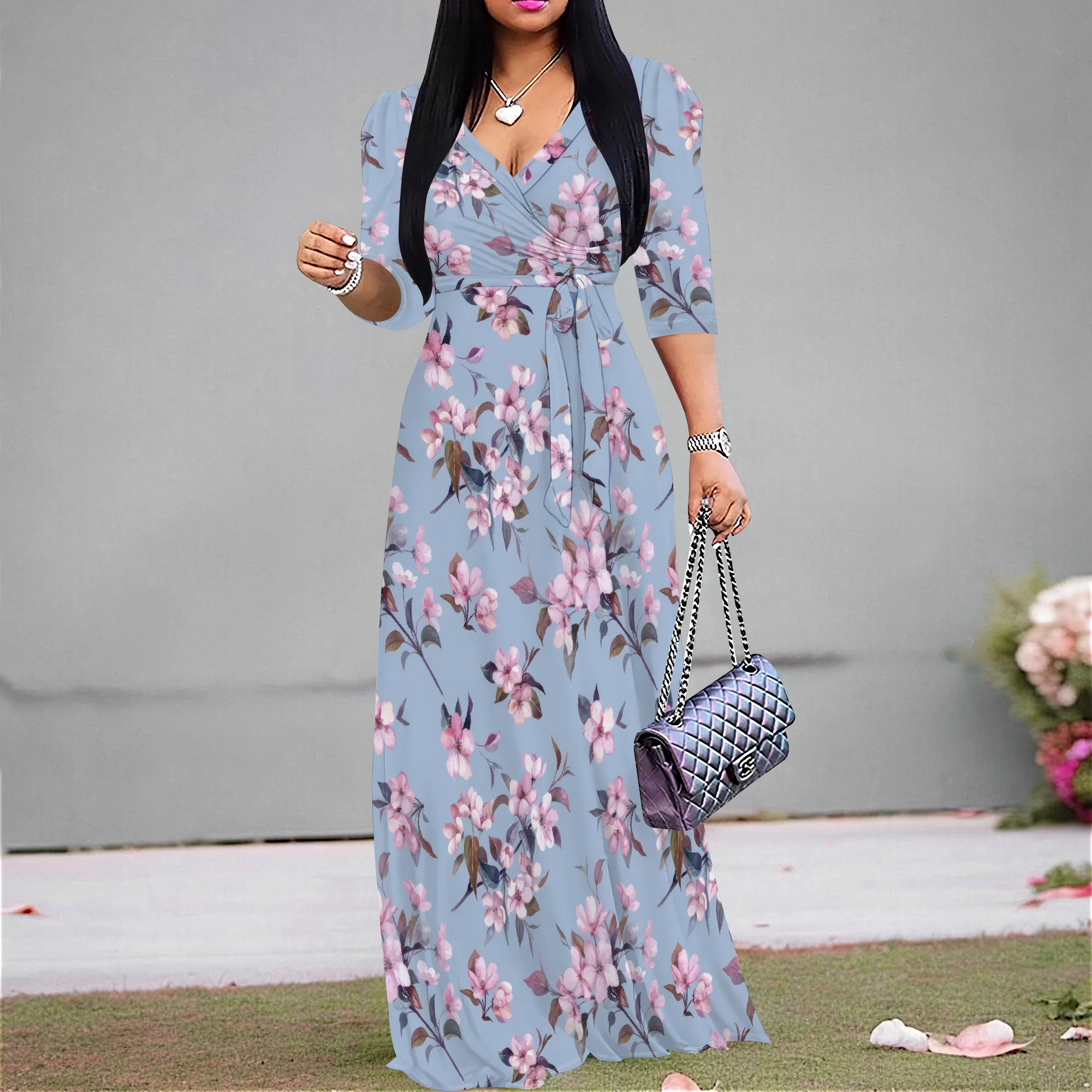 

Blue Floral Print Plus Size Wrap Maxi Dress Elegant Half Sleeve Spring Garden Wedding Outfit