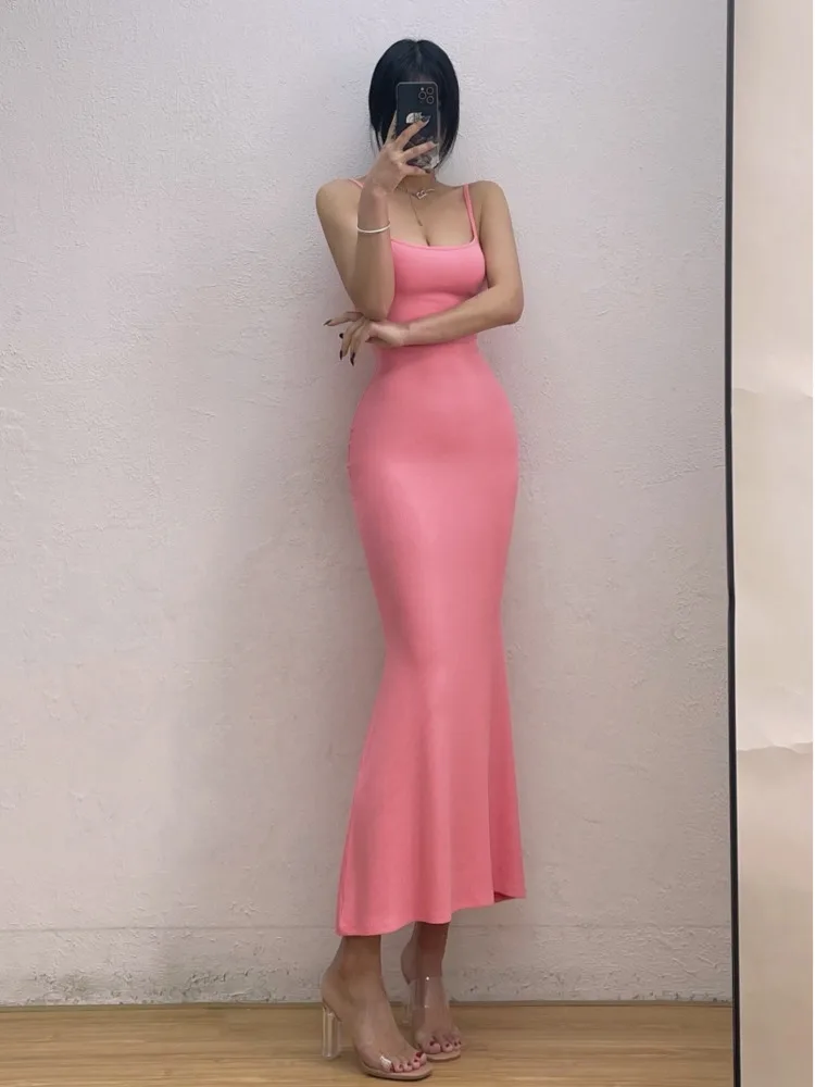 

WOMEGAGA French Fashion Sexy Style Solid Color High Waist Tight Sling Dress High Street Slash Neck Folds Women's Clothing P4TI