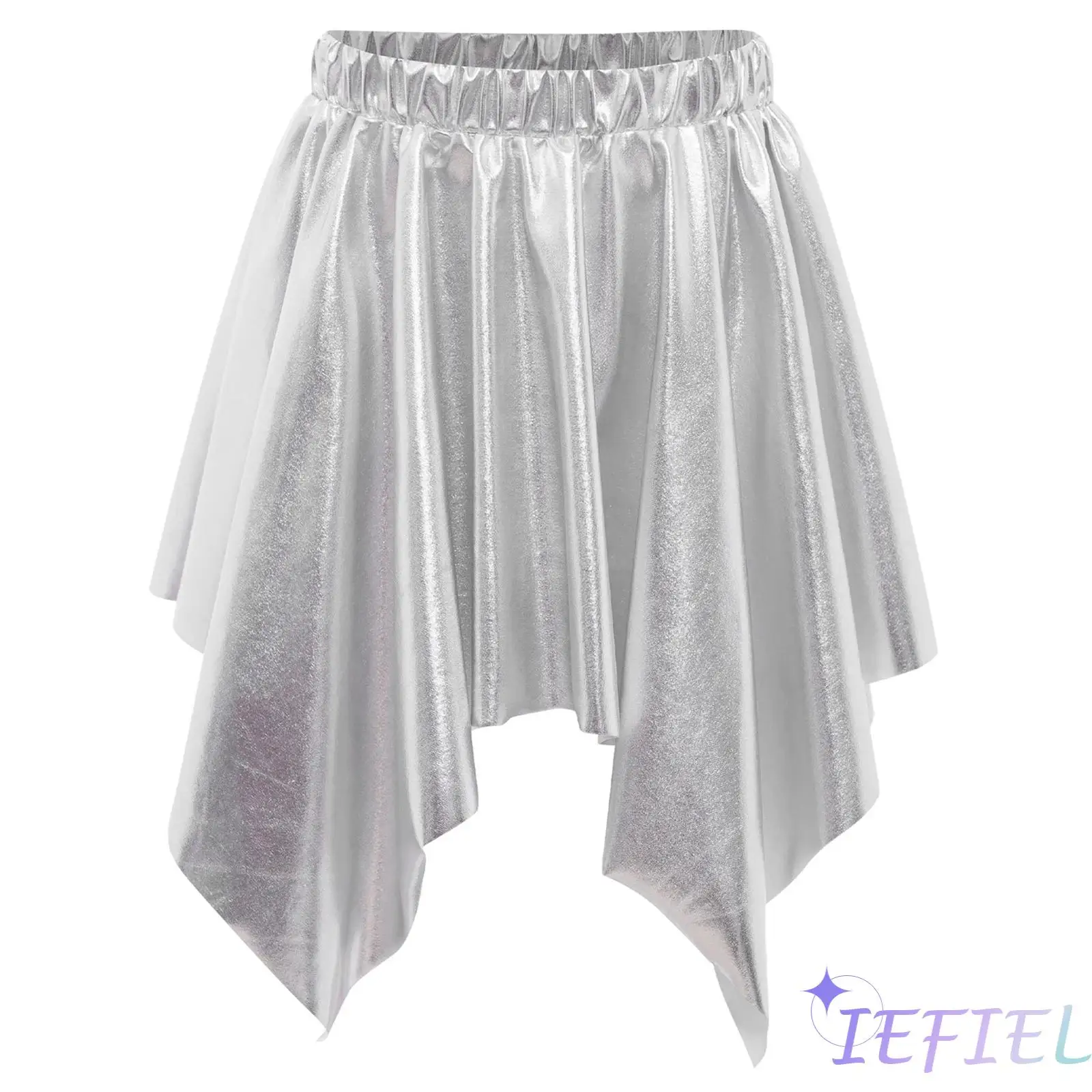 

Kids Girls Metallic Irregular Ruffled Skirt Elastic Waistband Asymmetrical Skirts for Cheerleading Dance Stage Performance Party