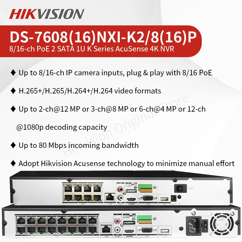 Imagem -03 - Hikvision Acusense 4k Nvr 16 Canais Câmera ip Gravador de Vídeo Poe Nvr Ds7604nxi-k1 4p Ds-7608nxi-k2 8p Ds-7616nxi-k2 16p