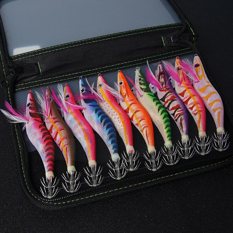 10Pcs 12g-21g Squid bait Wooden Shrimp Lead jig hook Fishing Octopus Lures Cuttlefish Artificial luminous jigging lure with bag