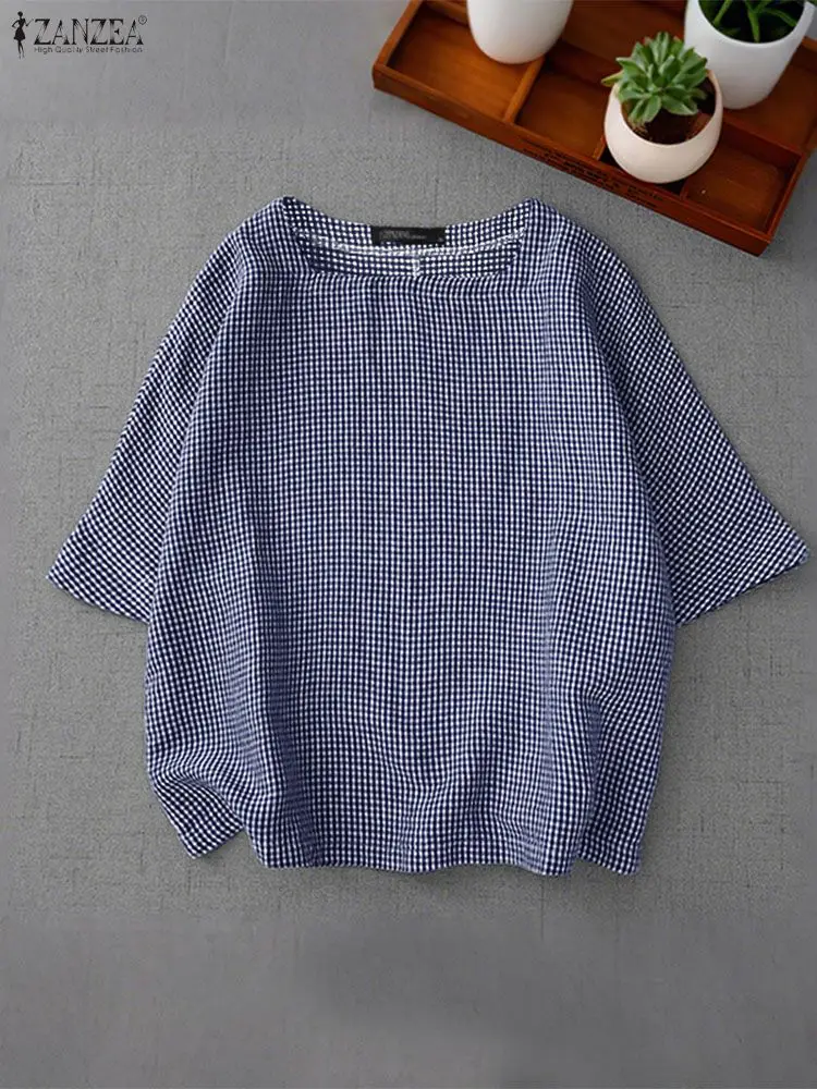 เสื้อผู้หญิง ZANZEA ฤดูร้อน 2025 ลายสก็อต คอเหลี่ยม แขนสั้น สไตล์ลำลอง เหมาะสำหรับทำงาน ทรงโอเวอร์ไซส์