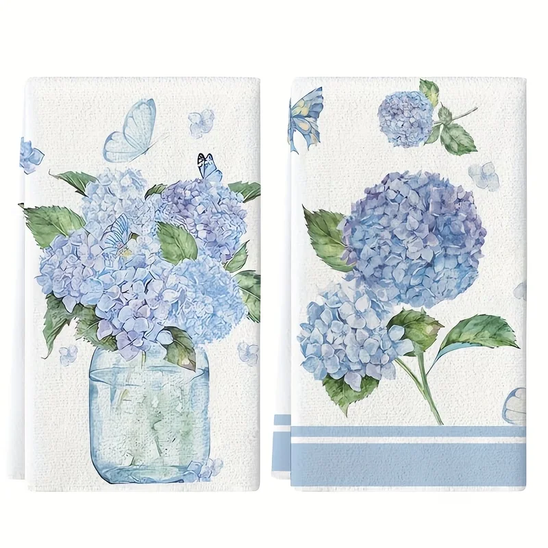 2-Piece Blue Hydrangea Print Towels - Ultra-Soft, Highly Absorbent, Lightweight Kitchen and Bathroom Towels, Suitable for Cooking, Baking, and Draining - Modern Home Decor, Housewarming and Birthday Gifts, with an Extremely Soft Texture