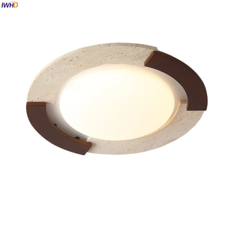IWHD الخشب حجر LED مصابيح السقف لغرفة المعيشة المطبخ إضاءة المنزل الأصفر الترافرتين خمر أضواء السقف lamvillage Techo #1