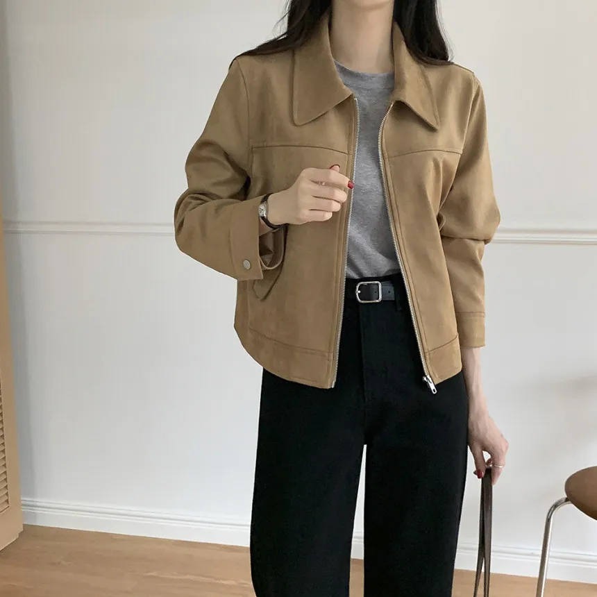 Inverno ort Svel Biker Sle Cappotto lungo Sve Tessuto scamosciato morbido Chiusura con cerniera Capispalla da donna coreano Sle Jaet