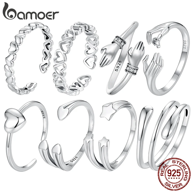 Bamoer Original 925 Sterling Silver Heart Hug Ring Love Star Open Rings Simple  For Women Anniversary Party Gift Fine Jewelry