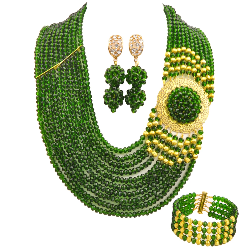 New Dark Green Plate Flower Crystal Necklace Nigeria Bridal Wedding Accessories Africa Wedding Couple Jewelry Set YY-46