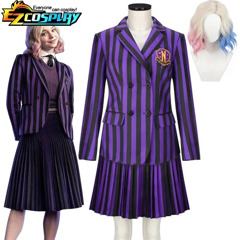 AA ★ Disfraz de Cosplay de COS Enid, uniforme escolar a rayas moradas, trajes para adultos, abrigo, camisa, falda, corbata, fiesta de Halloween, nuevo 2025