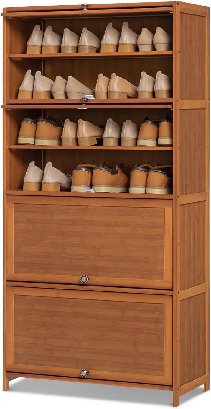 Bamboo Free Standing 8 Tier Shoe Shelf Storage Rack with Flip Doors, Freestanding Shoe Cabinet Organizer Brown