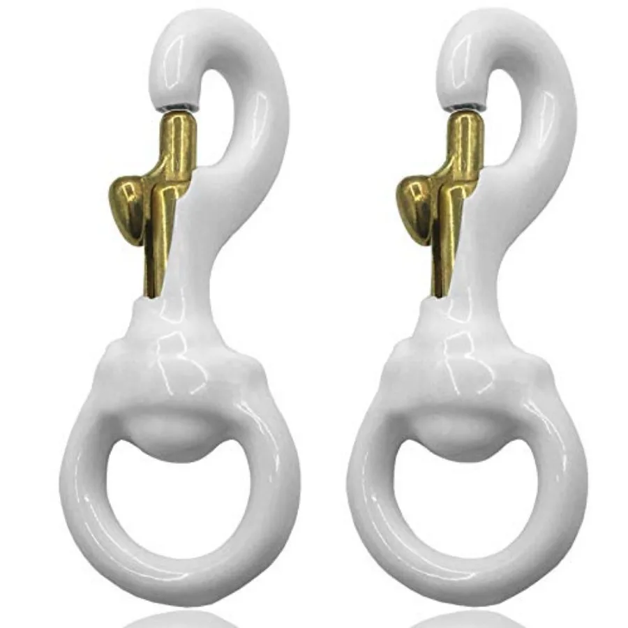 

1 Pair 3 Inch White Rubber Coated Brass Swivel Snap Clips - Heavy Duty Flag Pole Halyard Rope Attachment Hooks Accessory, Coate
