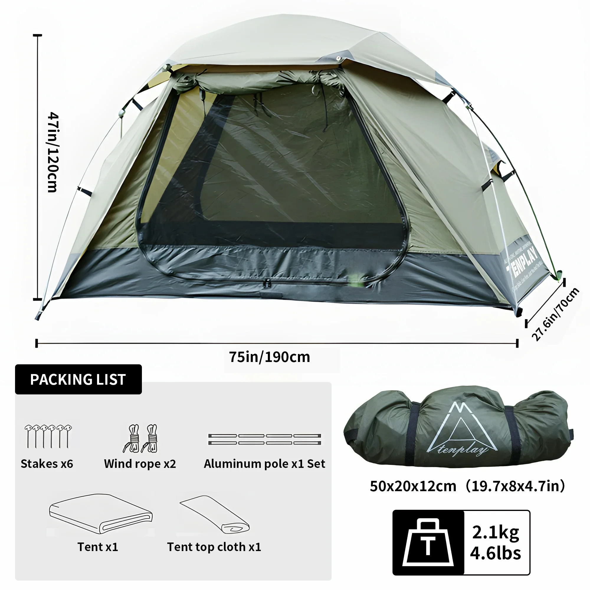 

TENPLAY Ultra-Lightweight Instant Pop-Up Single-Person Tent, 3000mm Waterproof, 50UPF, for Camping, Hiking, Fishing