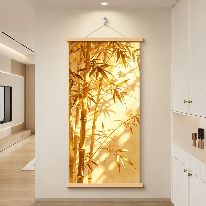 Japandi Wall Art Gilded Bamboo Scroll with Dappled Light Nature Zen Decor for Hallway Bedroom Tea Room Aesthetic Room Decor