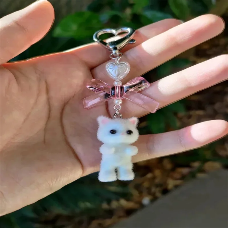 Bonito difuso Kitty coração arco Keychain, Arco rosa kawaii, Coração pérola