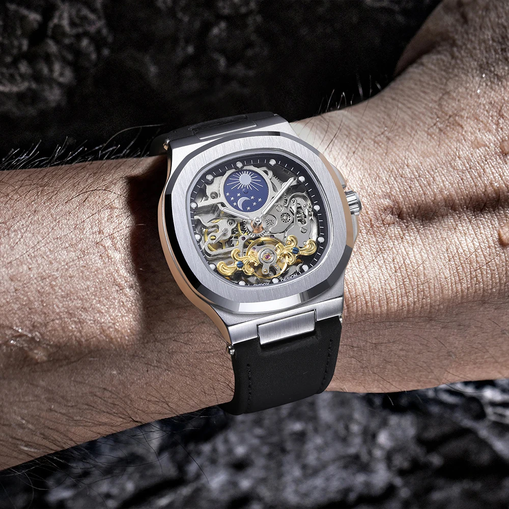 

2025Высококачественные роскошные квадратные мужские часы SKROX с сапфировым стеклом и турбийоном, стальной скелет, фаза Луны, автоматический механизм, кожаные мужские часы