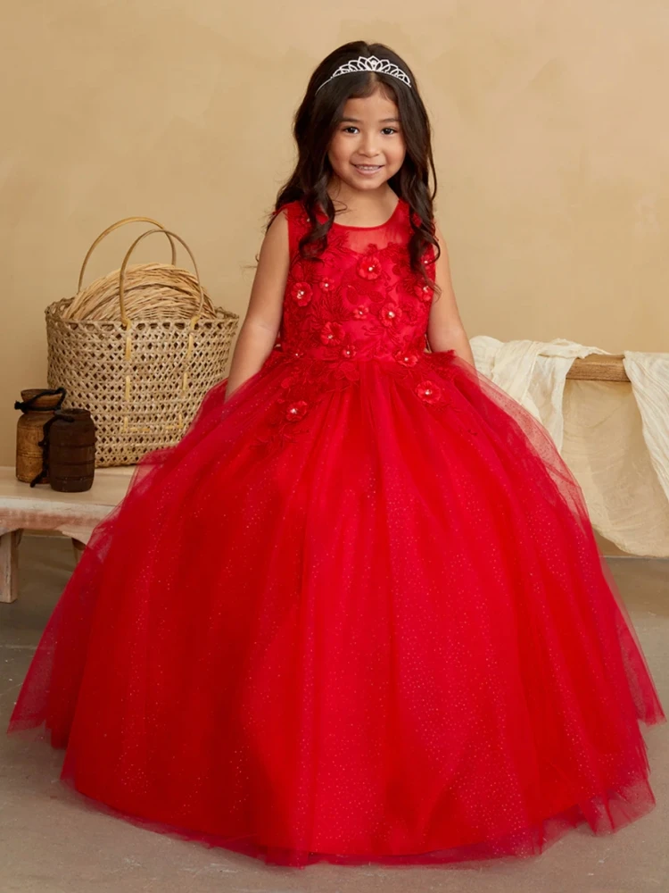 

Flower Girl Dresses Red Tulle Puffy Flowers Appliques With Bow Sleeveless For Wedding Birthday First Communion Gowns