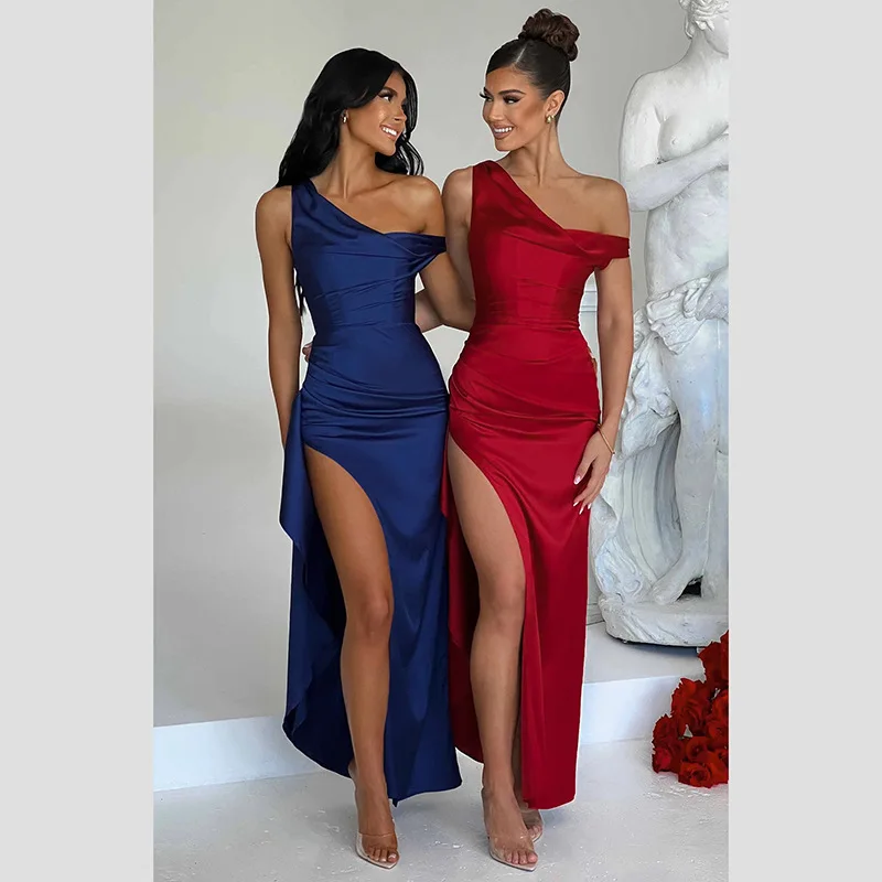 2024 femmes à la mode bustier sans manches haute fente diagonale épaule satin robe taille haute couleur unie robe de soirée