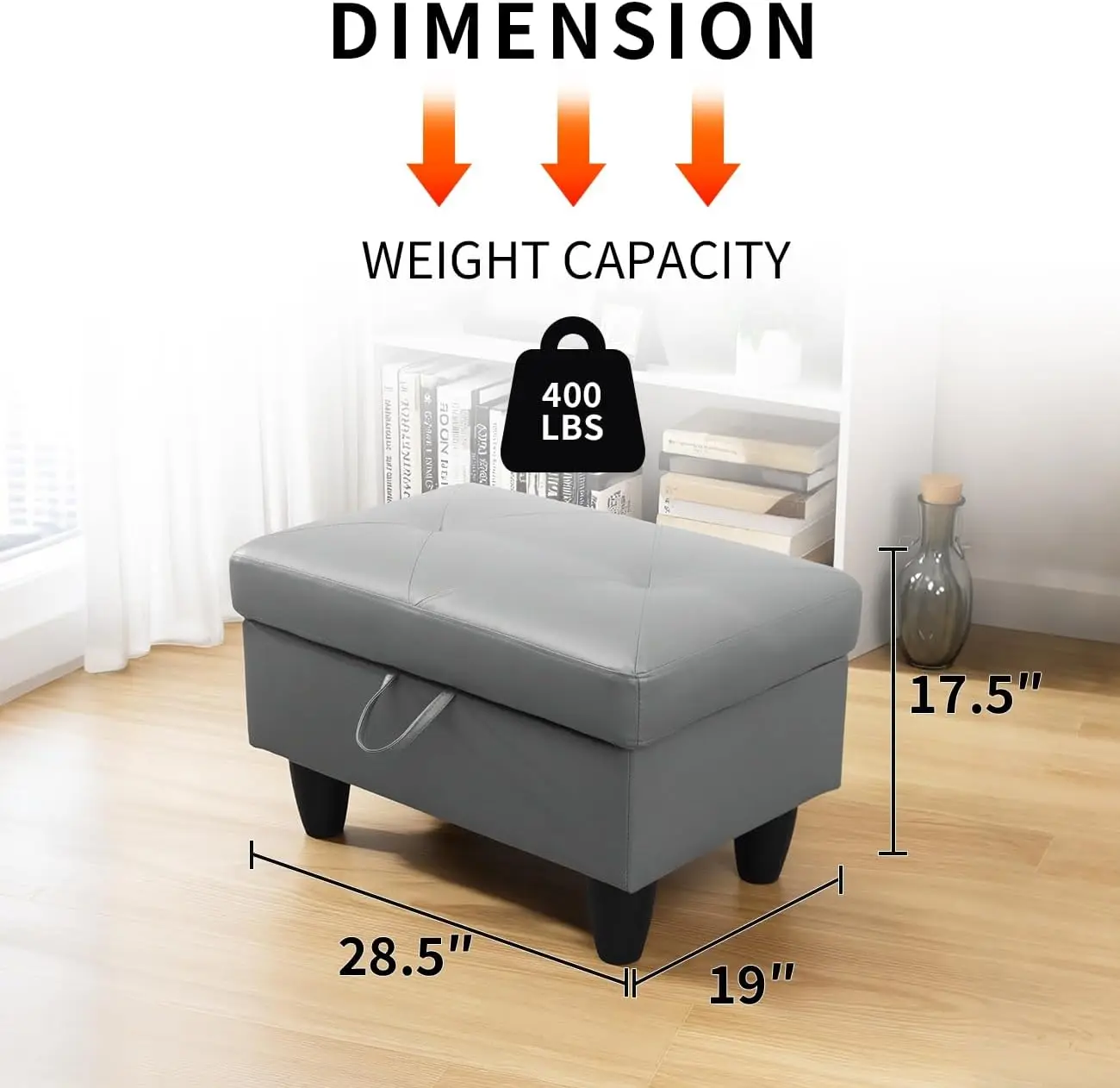 Square Storage Ottoman Bench with Leather Upholstery, 28.5-Inch Large Footstool & Coffee Table, Thick Cushion Foot Rest for Living Room, Bedroom, Entryway, Home Decor, RV Car, Loft, Grey